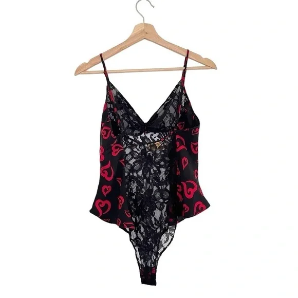 Victoria’s Secret Vintage Gold Label Silk Lace Heart Teddy Bodysuit Black Red